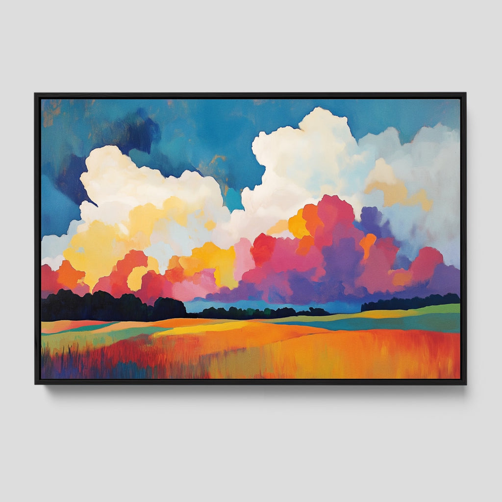 Bold Texas Landscape Print Featuring Colorful Fields and Clouds.