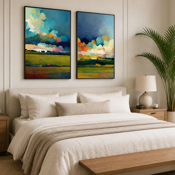 Our popular watercolor art prints featuring colorful clouds over the country fields.