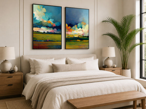 Our popular watercolor art prints featuring colorful clouds over the country fields.