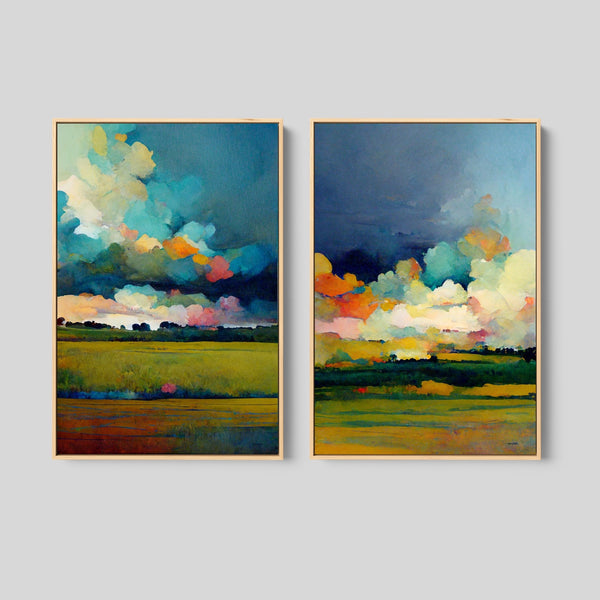 Watercolor prairie nature canvas art set featuring vibrant clouds over country fields.