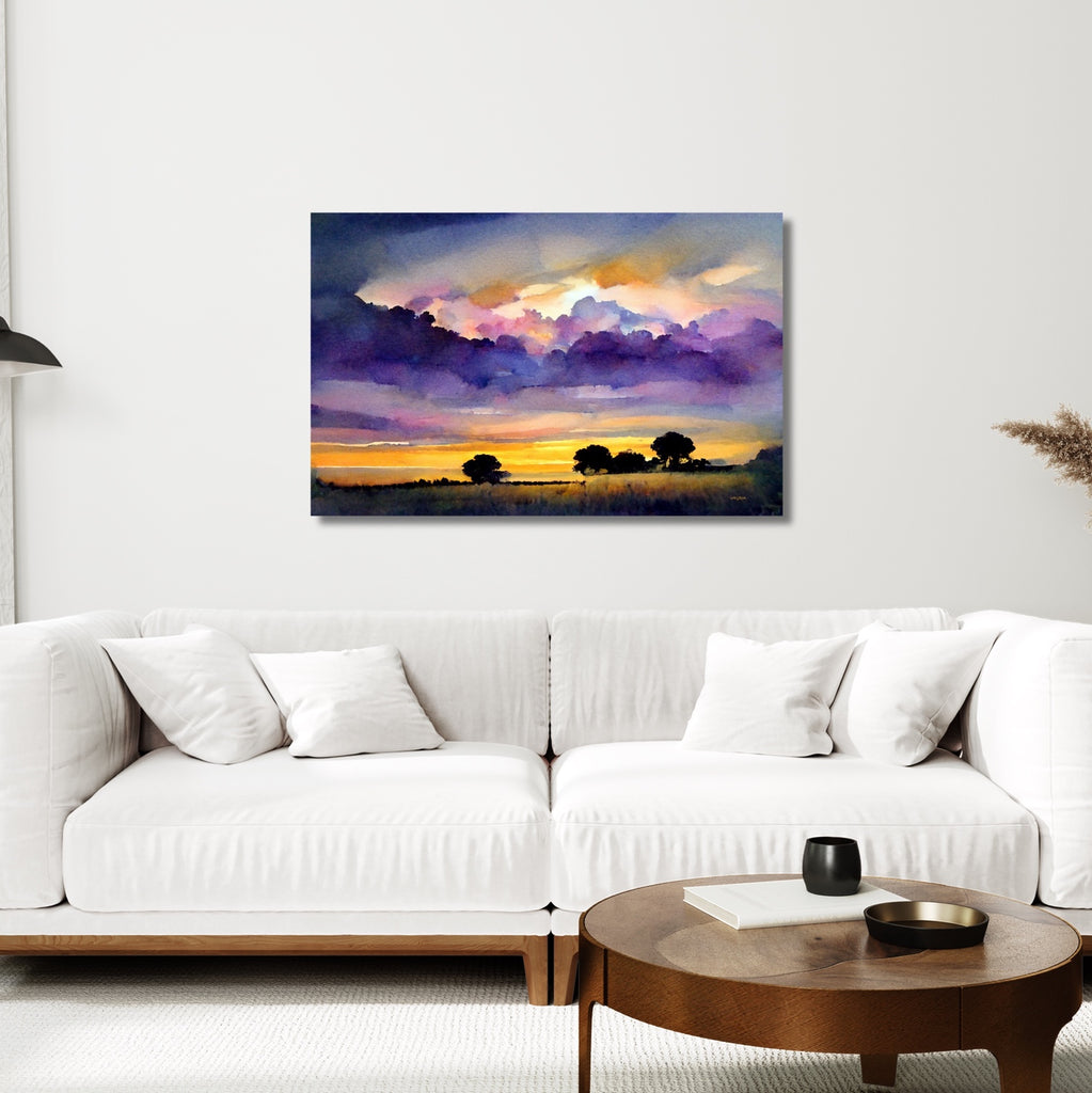 A large Texas landscape canvas wall art print in gold and purple.