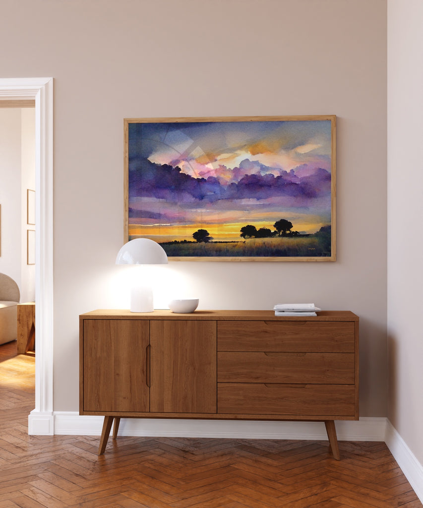 Framed Country Nature Canvas Wall Art in Purple and Gold.