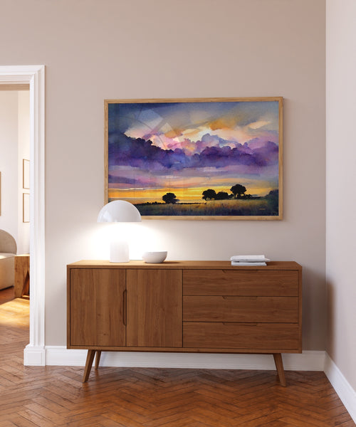 Framed Country Nature Canvas Wall Art in Purple and Gold.