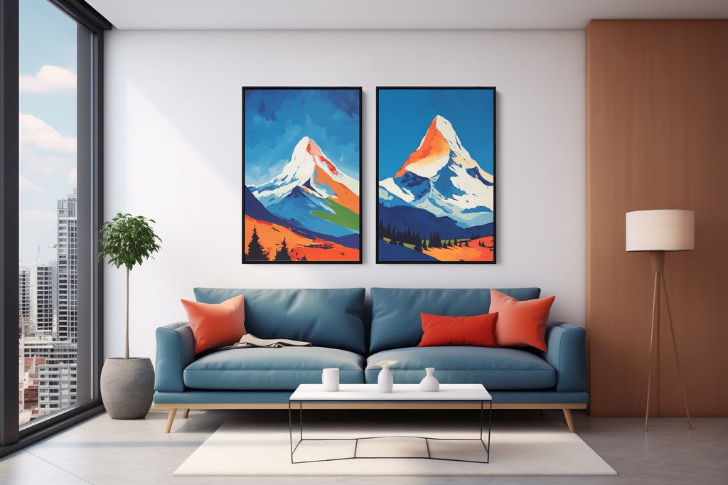 Colorful mountain nature art prints in blue, white and orange.