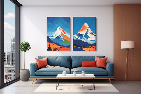 Colorful mountain nature art prints in blue, white and orange.