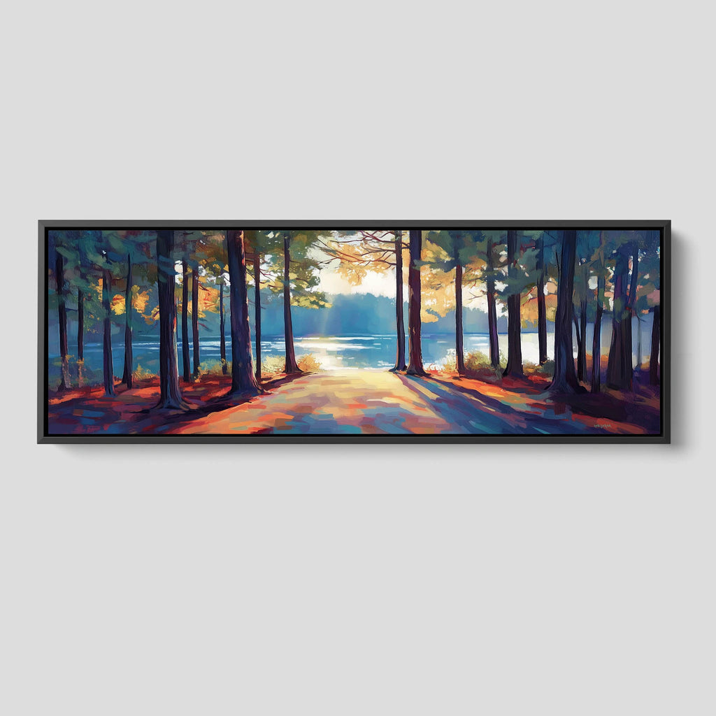 A long warm landscape print featuring vibrant autumn trees reflected in a peaceful lake.