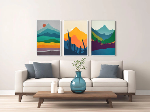 Minimalist landscape canvas wall decor set in warm mid century colors.
