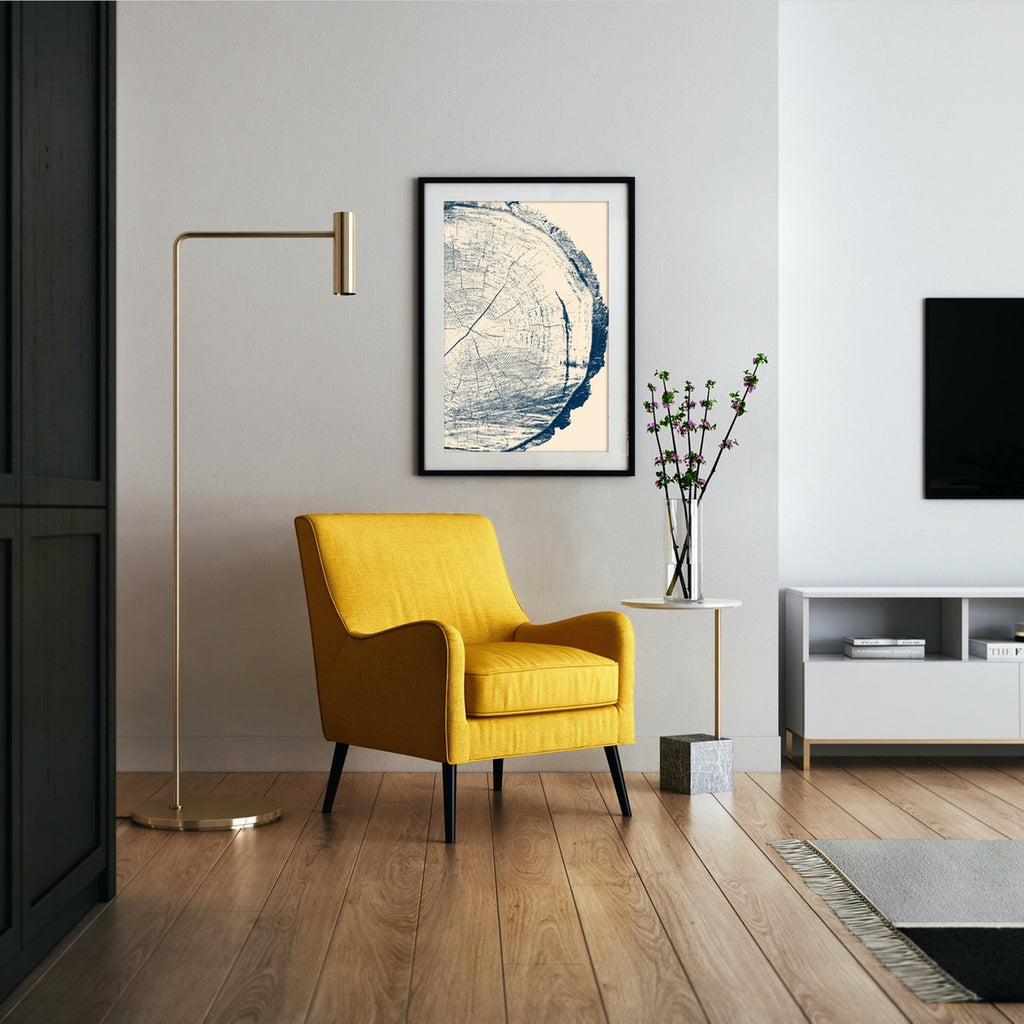 A minimalist tree ring canvas art print featuring a Douglas Fir in navy blue and cream.