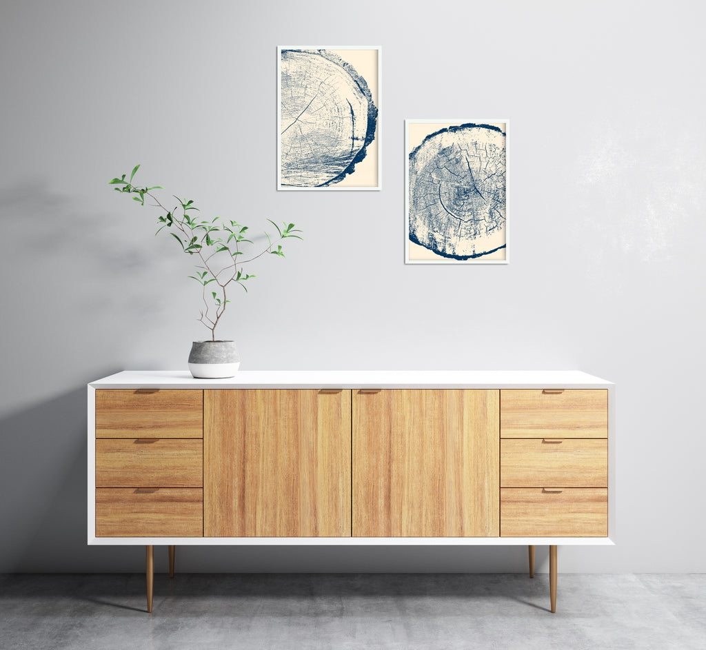 Modern Tree Ring Artwork Set in Blue and Cream