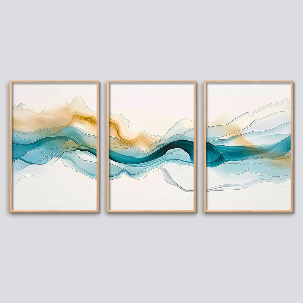 Minimalist abstract turquoise living room decor set.