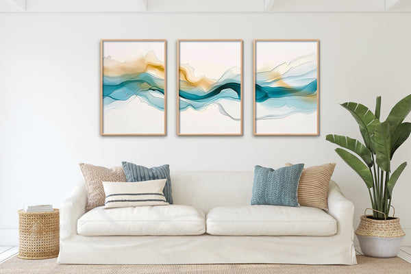 Minimalist abstract turquoise living room decor set.
