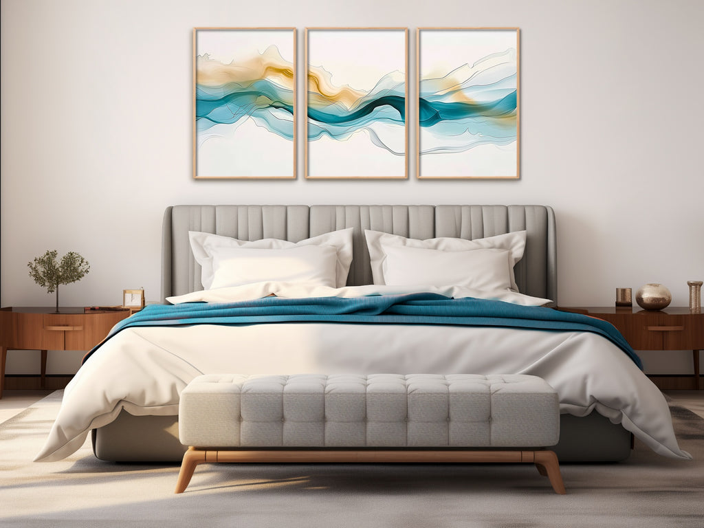 A large abstract flow art print set in turquoise and tan.