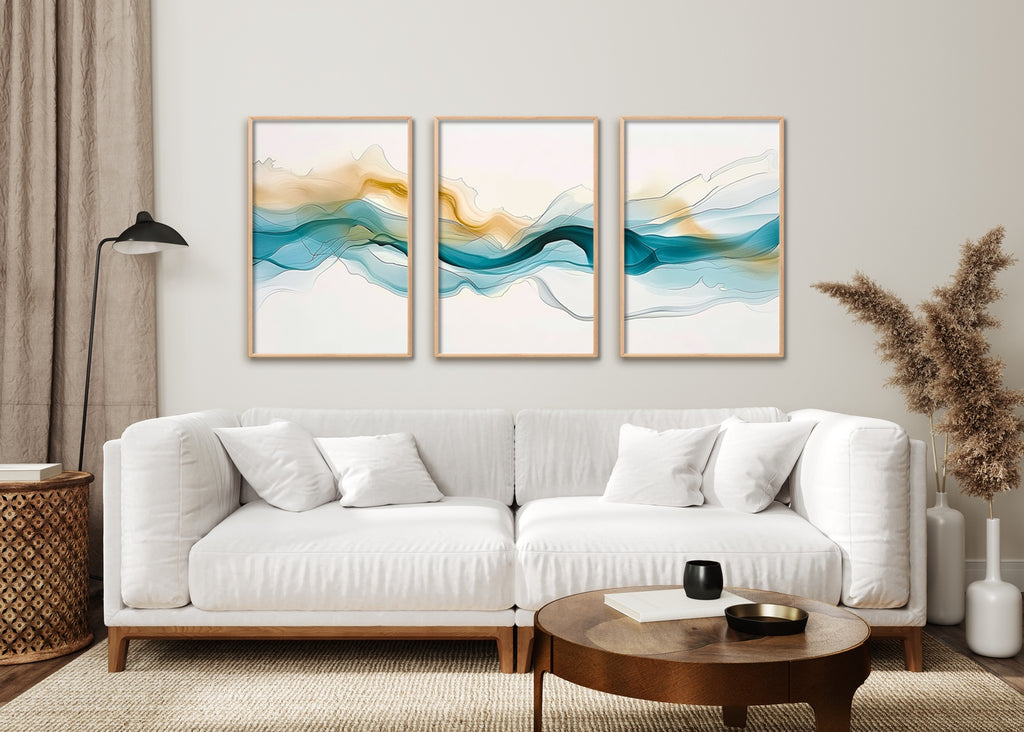 A modern abstract over the sofa wall art set in pastel colors.