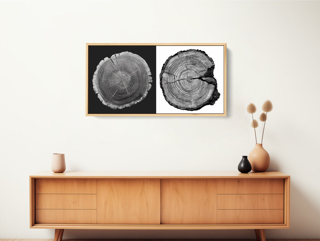 A framed rustic Scandinavian tree art on canvas in black and white.