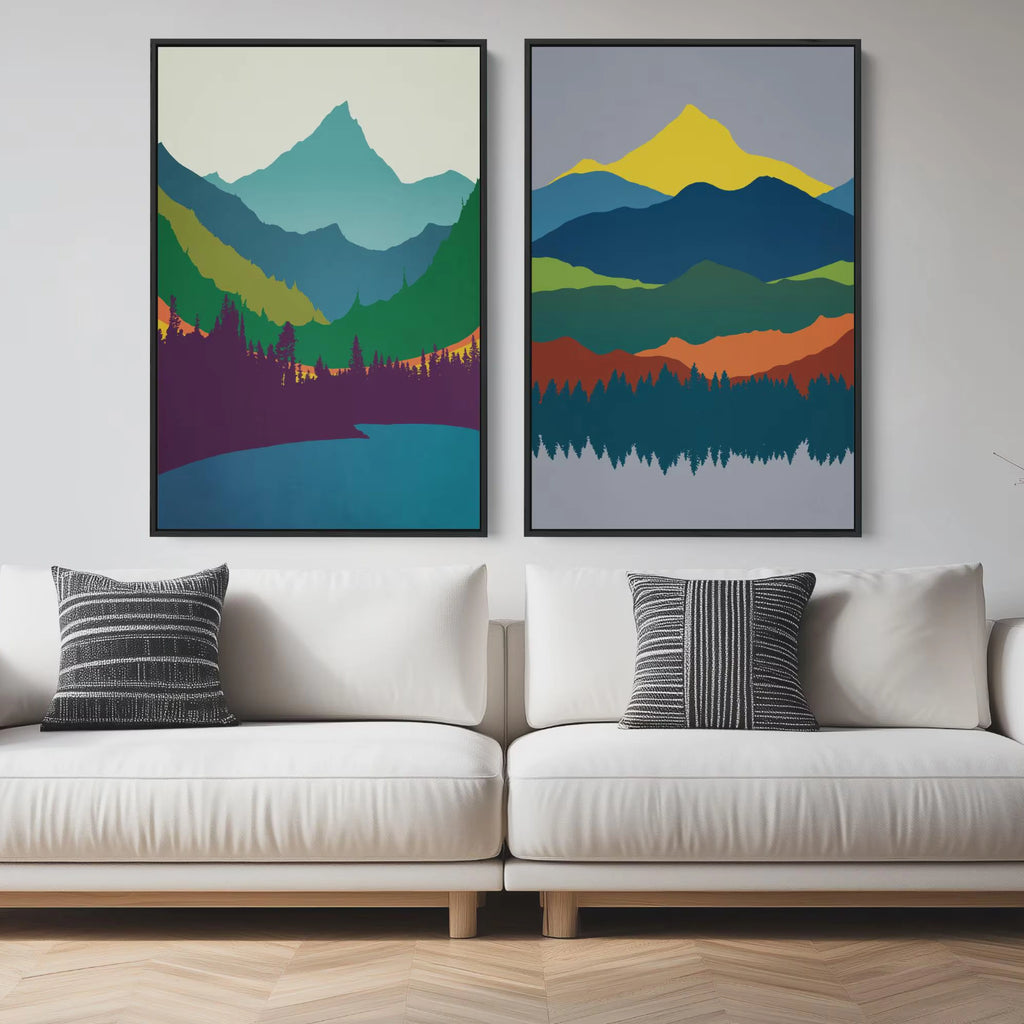Framed 2 piece mid century modern landscape art print set.