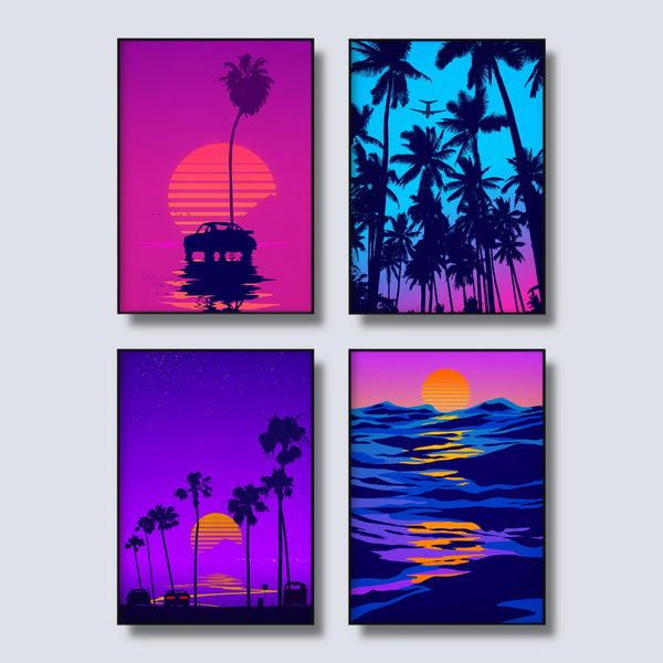 Set of 4 California Wall Decor Prints in Vibrant 80's Colors.