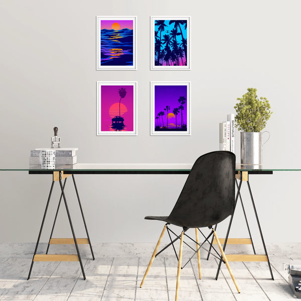 A framed set of 4 retro aesthetic wall art in vibrant hues.
