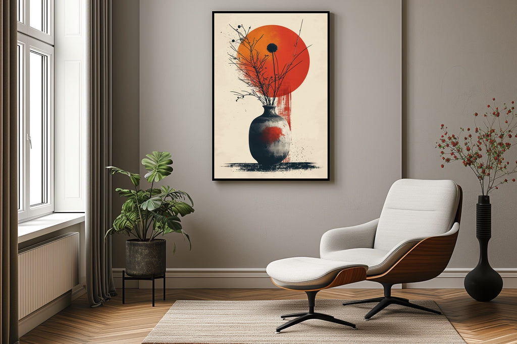 A vibrant abstract japandi canvas wall art in red and gray.