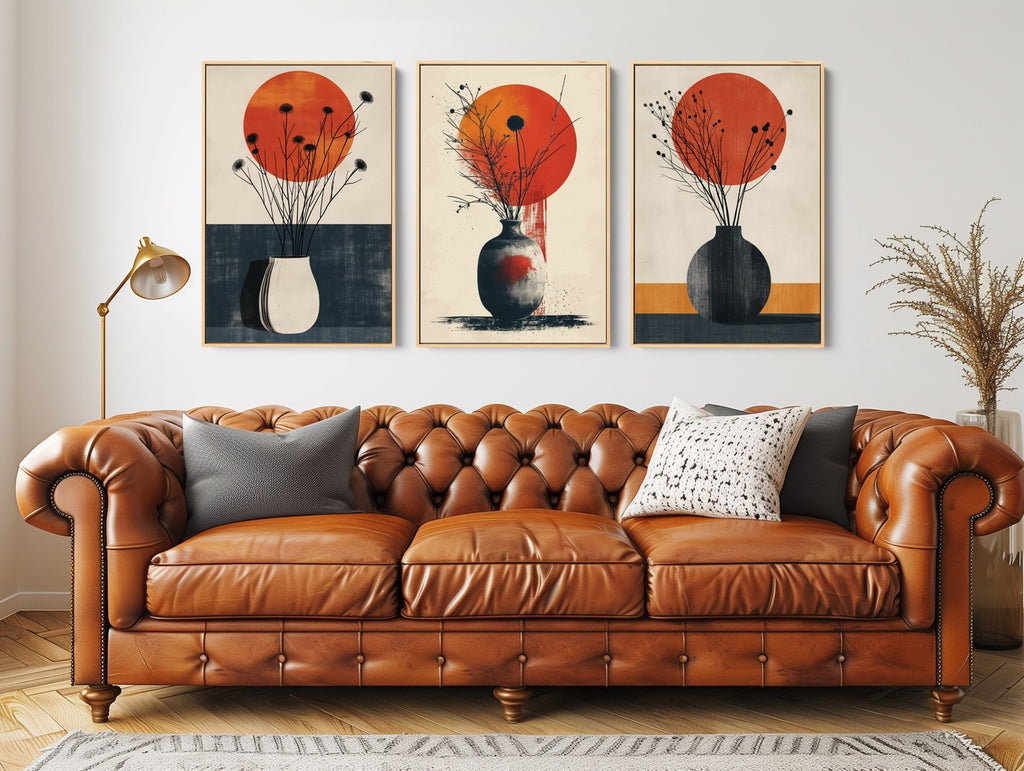 A set of three modern abstract vase artworks on fine art paper or canvas, framed or unframed.