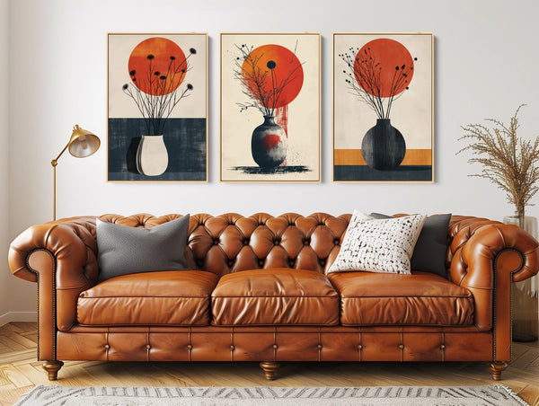 A set of three modern abstract vase artworks on fine art paper or canvas, framed or unframed.