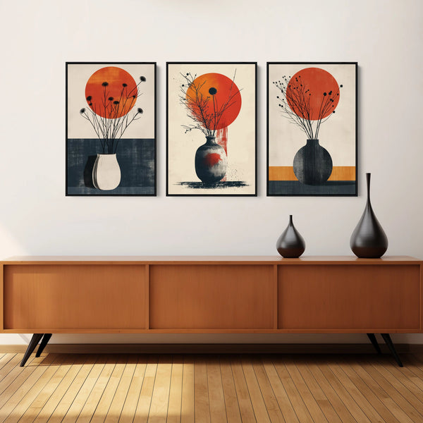 A vibrant abstract japandi canvas wall art in red and gray.