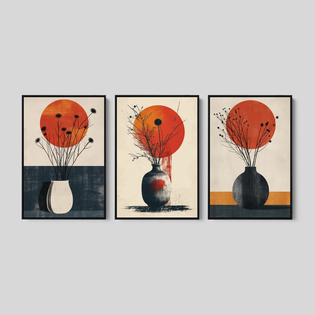3 Piece Japandi Wall Art Set in Red and Gray.