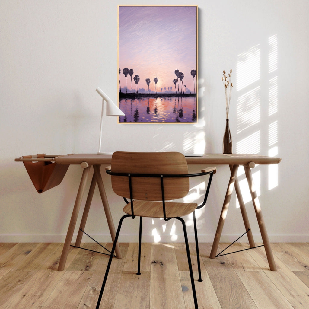A coastal artwork featuring soft pastel skies and serene beach vibes.