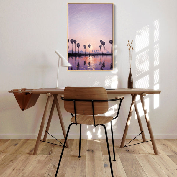 A coastal artwork featuring soft pastel skies and serene beach vibes.