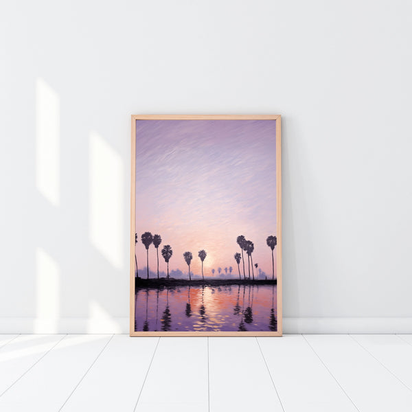 Framed Coastal Print in soft purples and pinks.