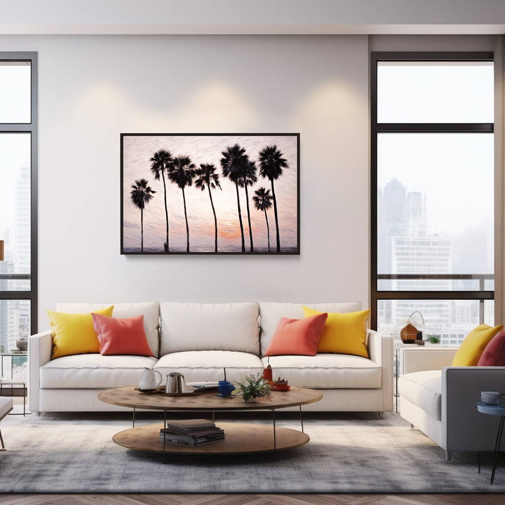 Modern Coastal Wall Art Featuring Palm Trees over Sunset.