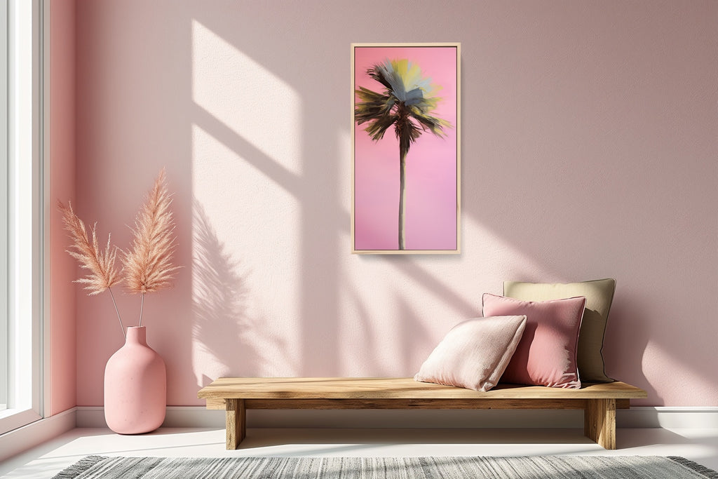 A large botanical palm tree artwork in pink.