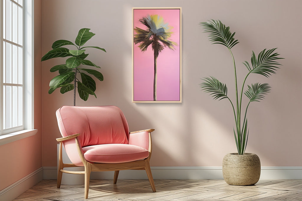 A minimalist mid century modern canvas artwork in pink.