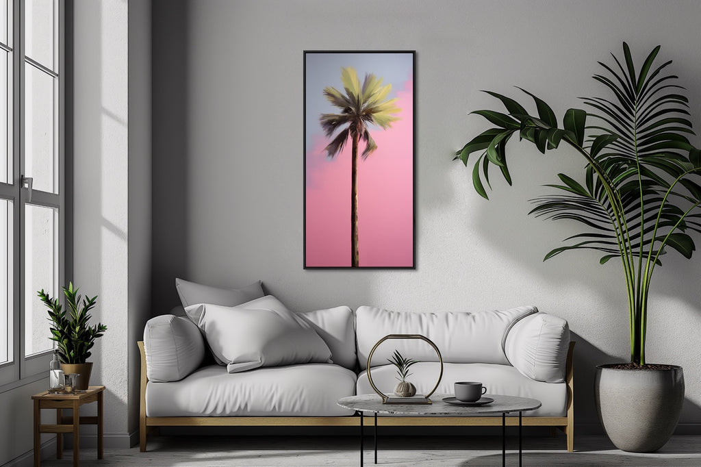 A minimalist mid century modern canvas art print in pink and green.