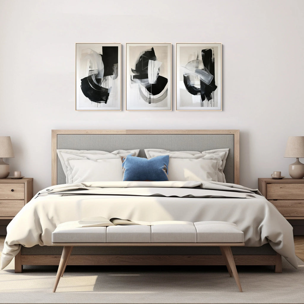 A framed minimalist abstract neutral canvas art set.