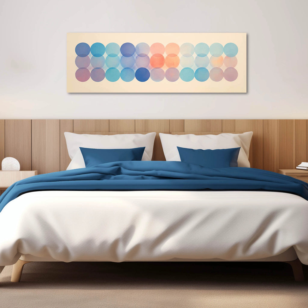 A long horizontal artwork featuring watercolor circles in pastel hues.