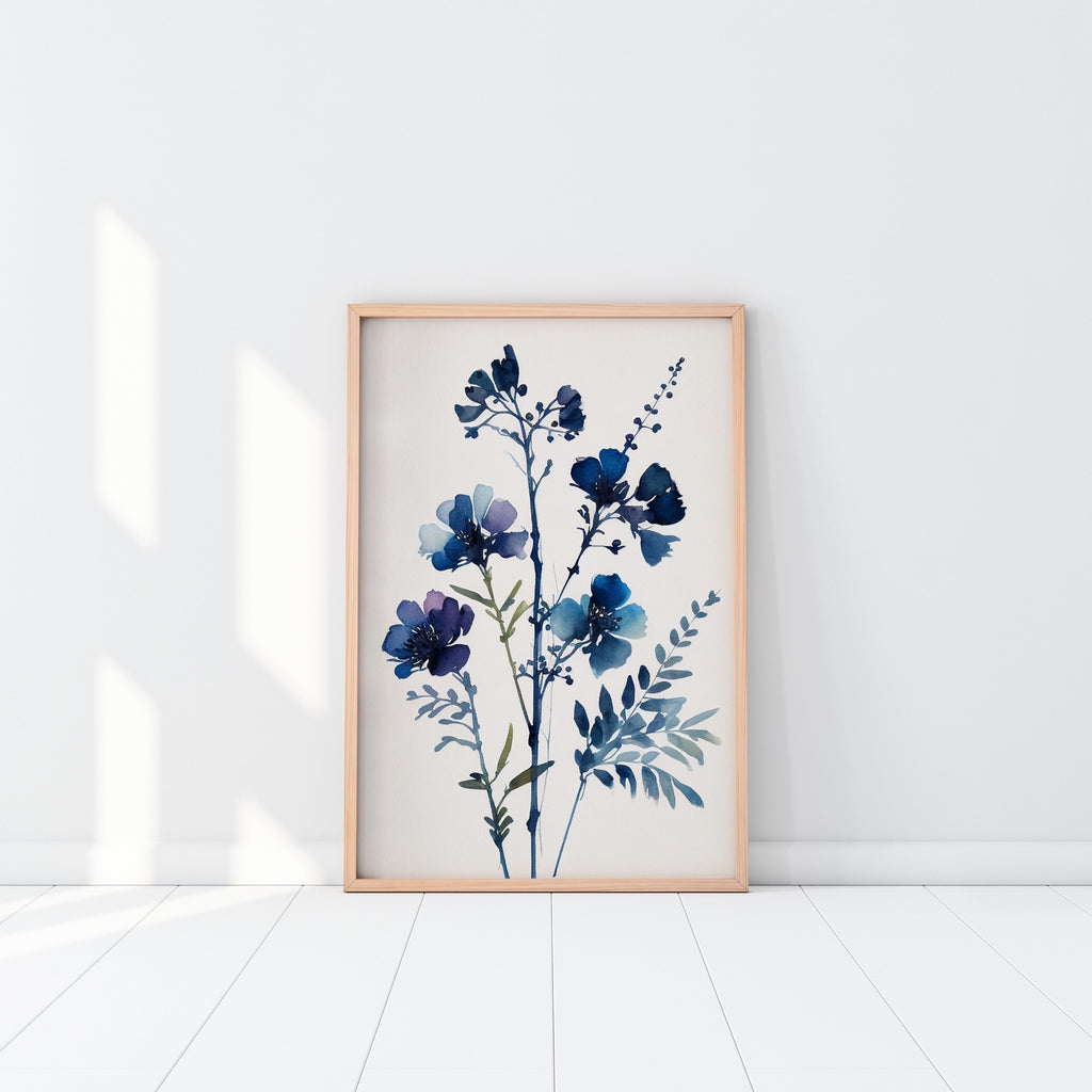 A modern boho flowers artwork in shades of blue.