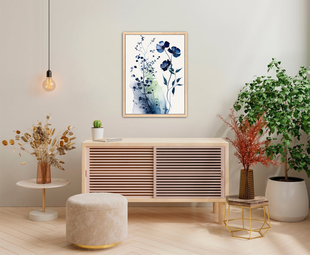 A large floral boho art print in shades of blue. 