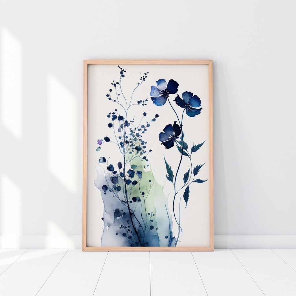 Botanical Watercolor Artwork In Blue.
