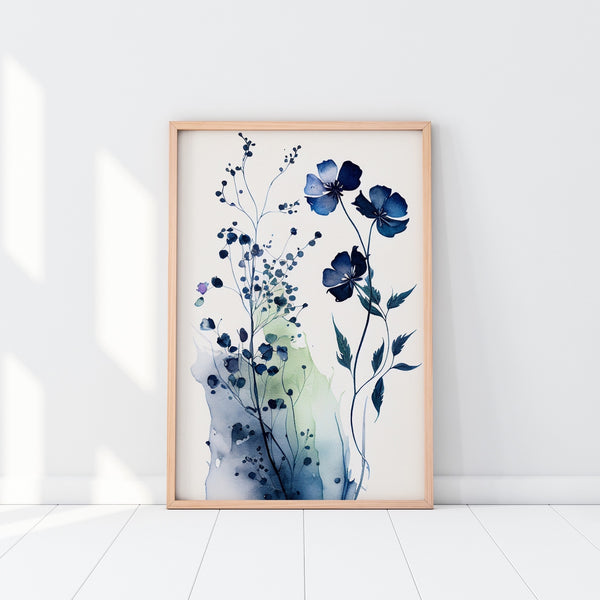 Botanical Watercolor Artwork In Blue.