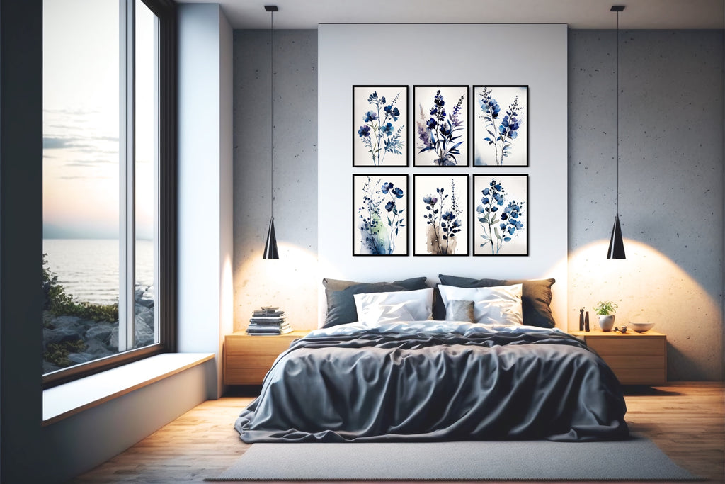 A modern watercolor botanical gallery wall set art in blue.