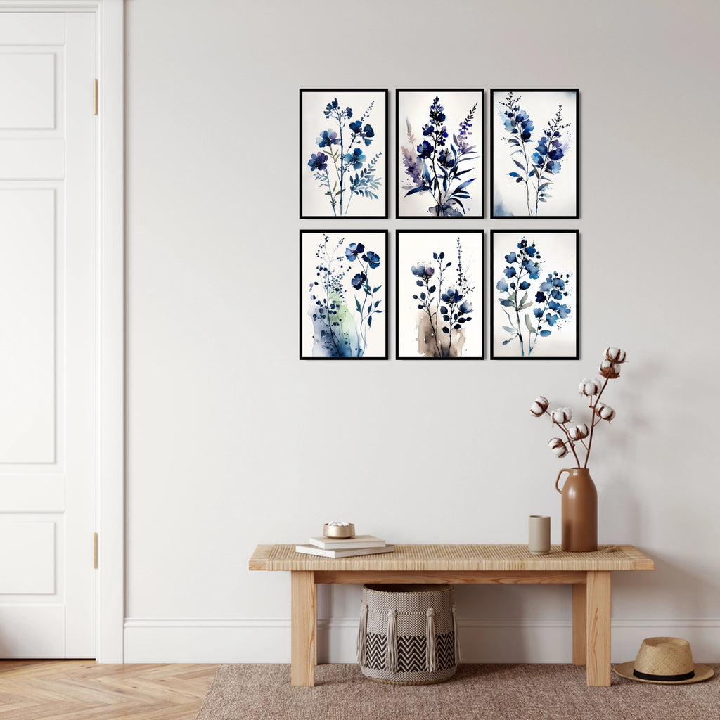 A set of six blue farmhouse floral art prints. 