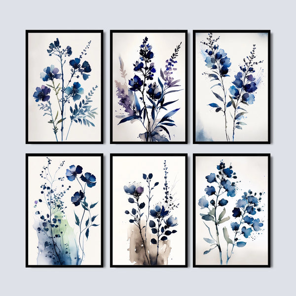 Botanical Gallery Wall Art in Indigo Blue.