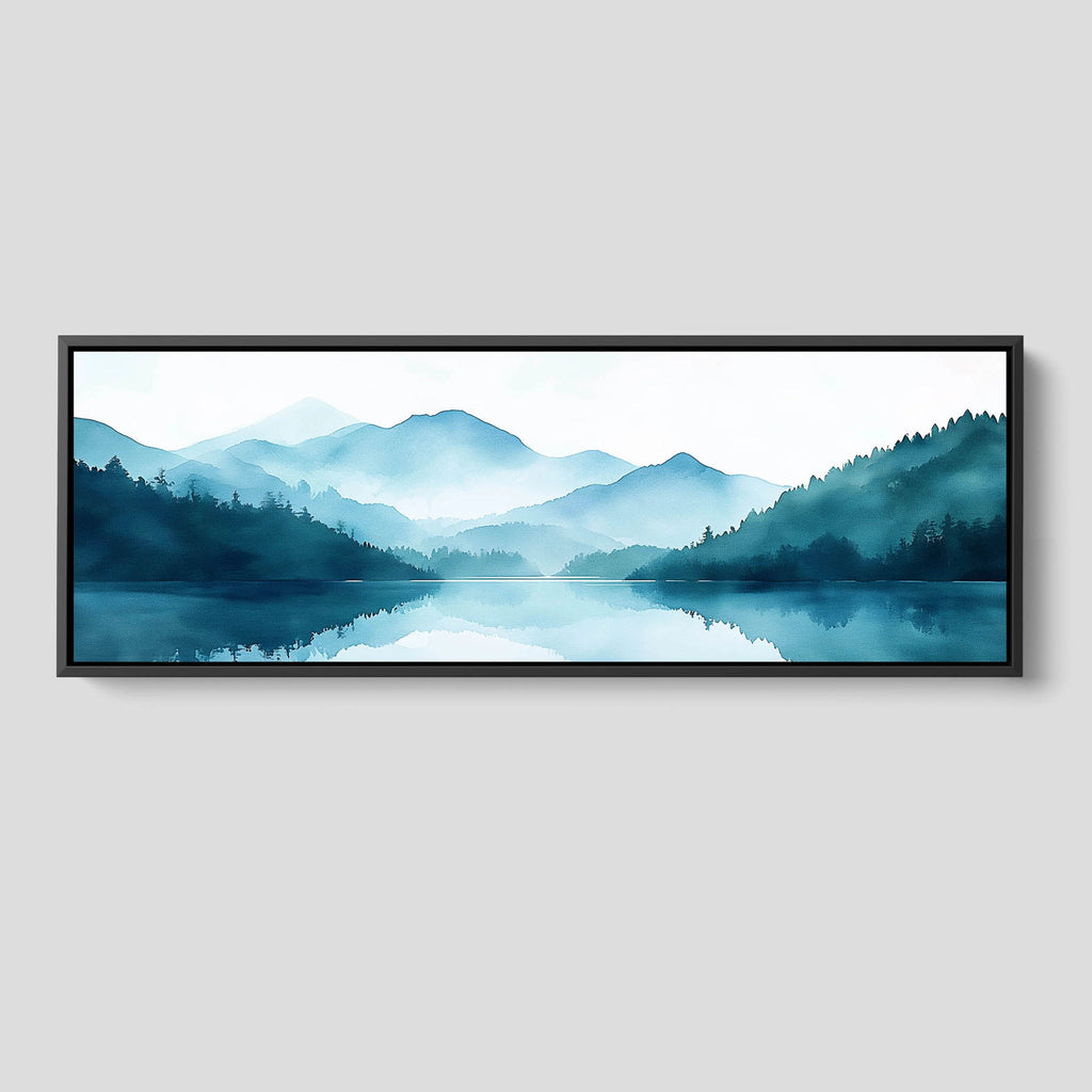 A nature artwork featuring distant mountains reflected in a still lake.