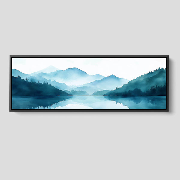 A nature artwork featuring distant mountains reflected in a still lake.