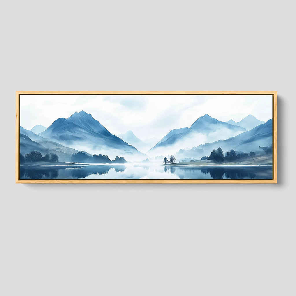 A nature inspired horizontal wall decor features soft blue tones.