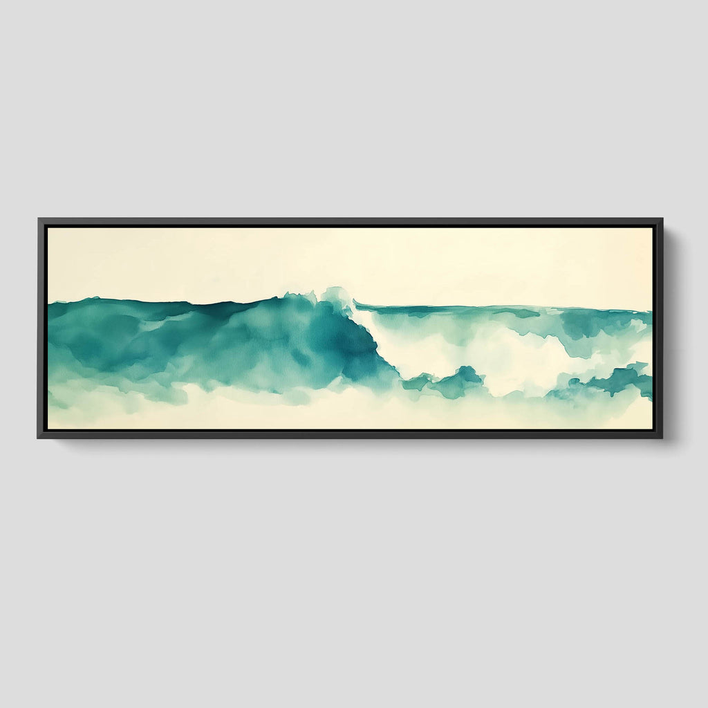 An extra wide coastal waves artwork in calming blue tones.