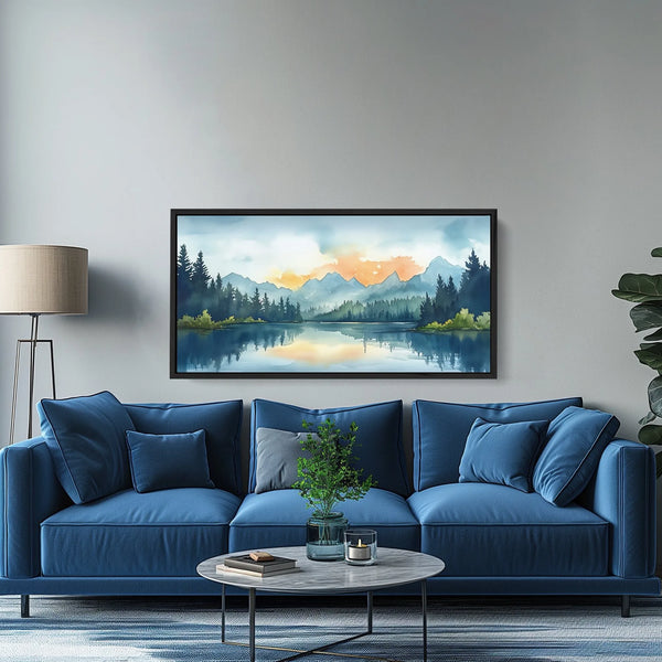 Framed fine art print featuring a watercolor painting of a tranquil alpine lake.