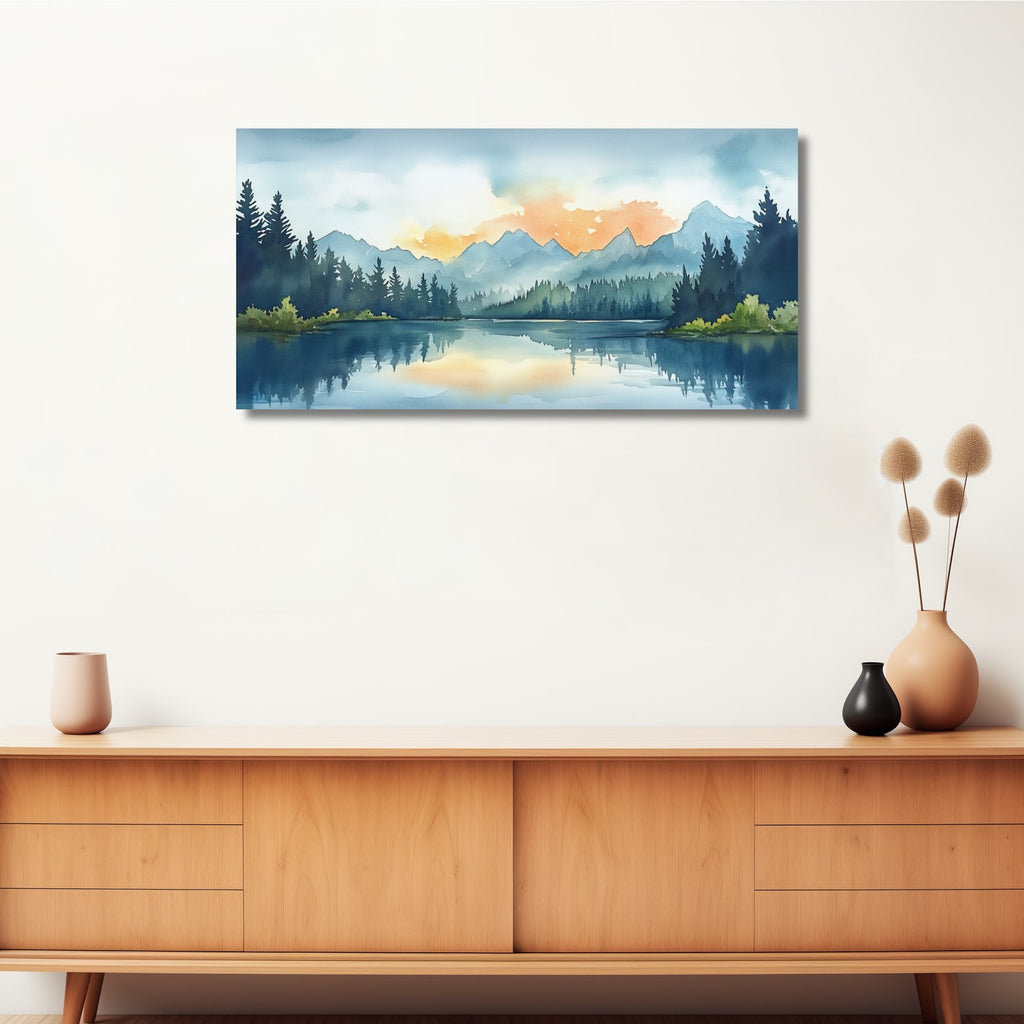 A horizontal watercolor nature wall decor on stretched canvas, framed or unframed.