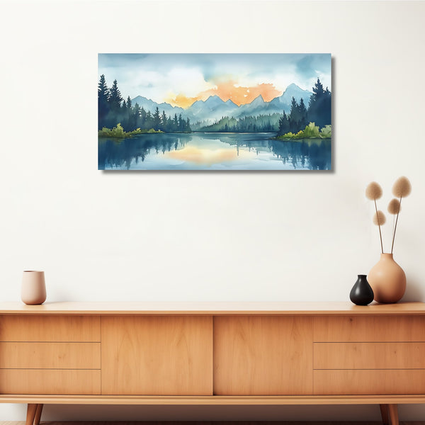 A horizontal watercolor nature wall decor on stretched canvas, framed or unframed.
