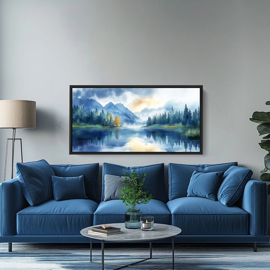 A calming artwork featuring a mountain and lake.